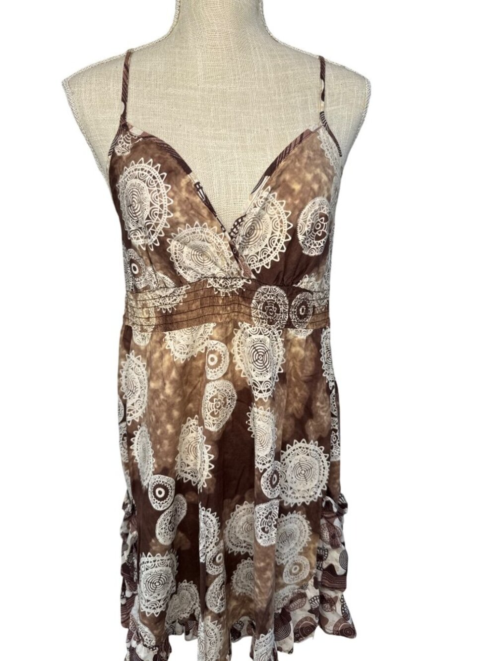 American Rag Brown & White Tie-Dye Lace Print Ruffle Hem Spaghetti Strap Dress S